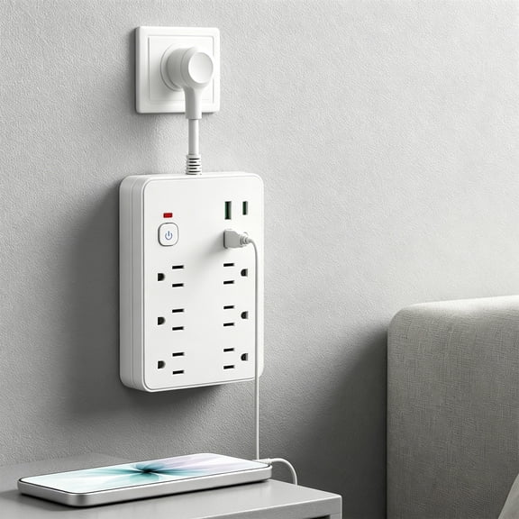 4.02x5.98x0.98in 6 AC Outlets Charging Socket, Short Cord Design Wall Outlet Extender with 2 USB 2 Type-C Ports, Multifunctional Charging Station for Home Office Travel Use