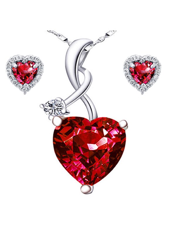 4.03 Carat TCW Heart Cut Gemstone Created Ruby 925 Sterling Silver Necklace Pendant and Earrings 3 Pieces Jewelry Set