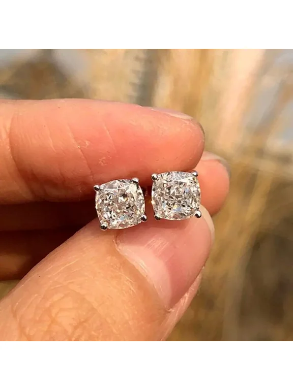 4.0CT Cushion Cut Simulated Diamond Stud Earrings, White Gold Plated Sterling Silver for Women