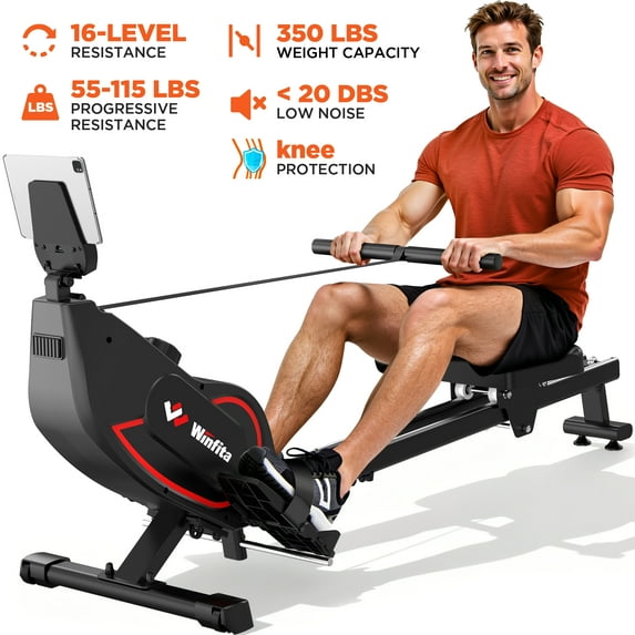 16 Levels Magnetic Rowing Machines for Home, 350LBS Capacity, 55-115LBS Quiet Resistance, Foldable Indoor Row Machine with LCD Monitor, Comfortable Seat, Bluetooth App Supported, Tablet Holder