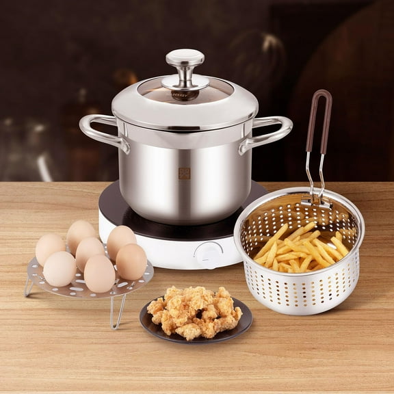 4.0L Deep Fryer Pot with Basket and Lid, 304 Stainless Steel Multi-Function Cooking Pot for Kitchen Camping