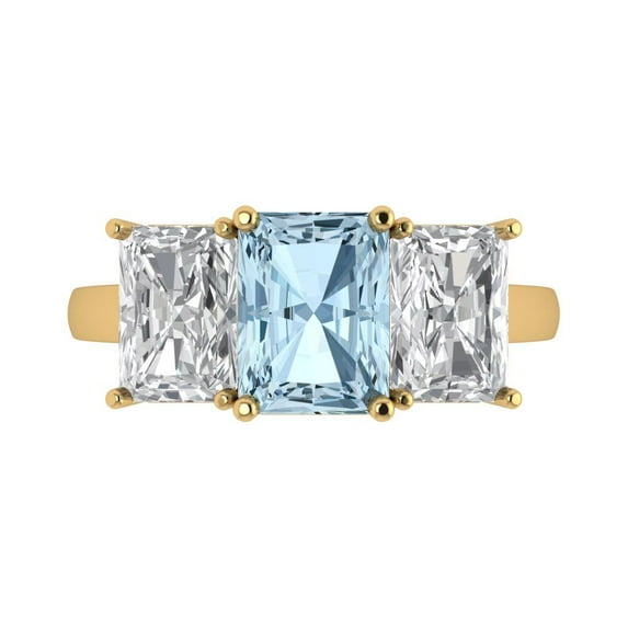 4.0ct Emerald Cut Blue Natural Aquamarine 18k Yellow Gold Engraving Statement Bridal Wedding Three-Stone Designer Ring Size 5.5