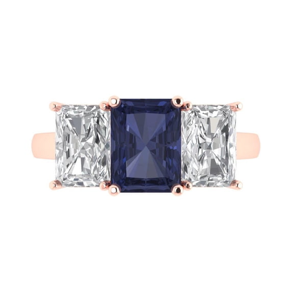 Clara Pucci 14K Rose Gold 4ct BlueSapphire Three-Stone Ring for Women