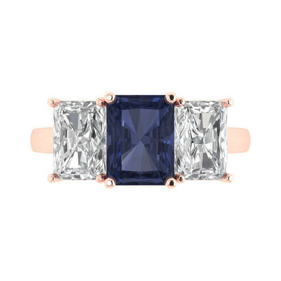 4.0ct Emerald Cut Blue Sapphire 18k Pink Rose Gold Engraving Statement Bridal Wedding 3 stone Designer Ring Size 10.5