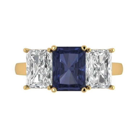 4.0ct Emerald Cut Blue Sapphire 18k Yellow Gold Engraving Statement Bridal Wedding Three-Stone Designer Ring Size 9.5
