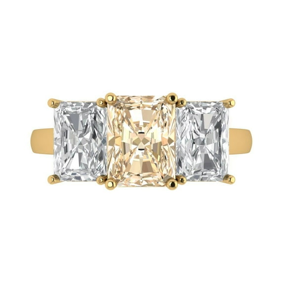 4.0ct Emerald Cut Brown Natural Morganite 18k Yellow Gold Engraving Statement Bridal Wedding Three-Stone Designer Ring Size 8