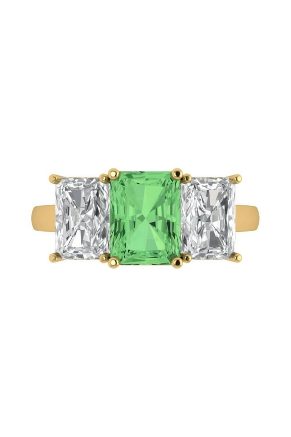 4.0ct Emerald Cut Green Crystal 14k Yellow Gold Engraving Statement Bridal Wedding Three-Stone Designer Ring Size 10