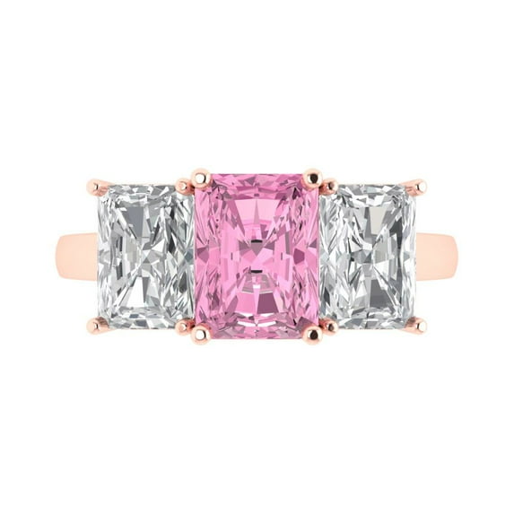 4.0ct Emerald Cut Pink Crystal 18k Pink Rose Gold Engraving Statement Bridal Wedding Three-Stone Designer Ring Size 5.5