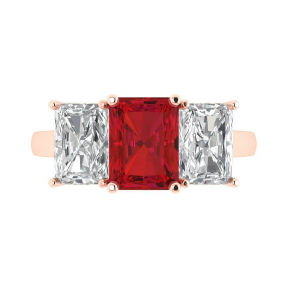 4.0ct Emerald Cut Pink Tourmaline 18k Pink Rose Gold Engraving Statement Bridal Wedding Three-Stone Designer Ring Size 7.5
