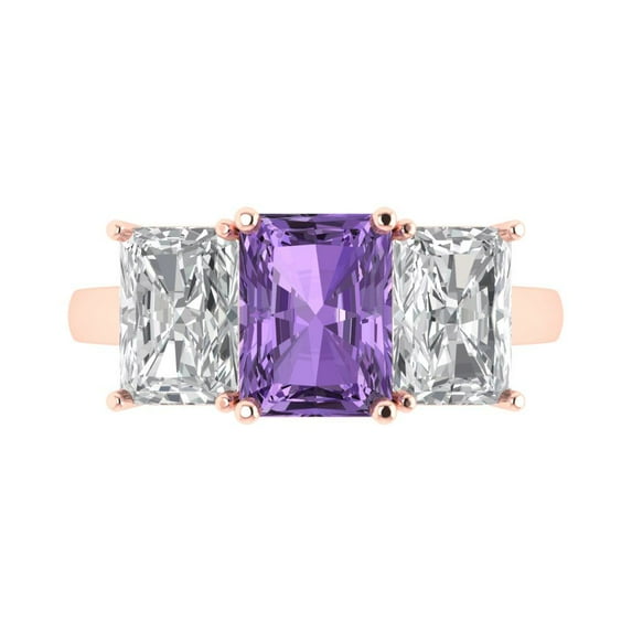 4.0ct Emerald Cut Purple Alexandrite 18k Pink Rose Gold Engraving Statement Bridal Wedding 3 stone Designer Ring Size 10.5