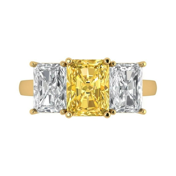 4.0ct Emerald Cut Yellow Crystal 18k Yellow Gold Engraving Statement Bridal Wedding Three-Stone Designer Ring Size 7
