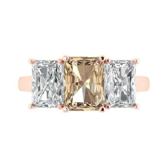 4.0ct Emerald Cut Yellow Moissanite 18k Pink Rose Gold Engraving Statement Bridal Wedding 3 stone Designer Ring Size 3.5