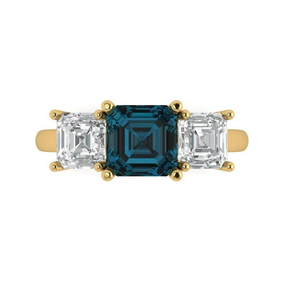 4.0ct SQ Emerald Cut Blue Natural London Blue Topaz 18k Yellow Gold Engraving Statement Bridal Wedding 3 stone Designer Ring Size 6.5