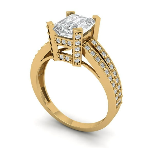 4.0ct SQ Emerald Cut Blue Natural Swiss Blue Topaz 18k Yellow Gold Engraving Statement Bridal Wedding 3 stone Designer Ring Size 3.5