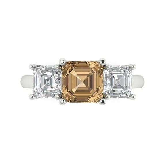 4.0ct SQ Emerald Cut Brown Champagne Crystal 18k White Gold Engraving Statement Bridal Wedding 3 stone Designer Ring Size 6