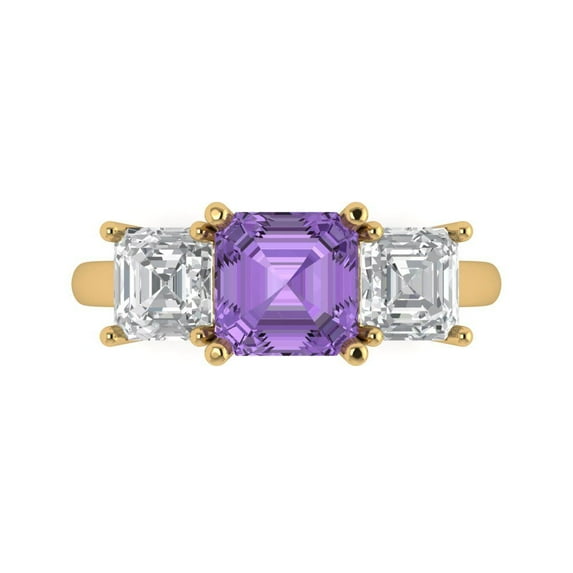 4.0ct SQ Emerald Cut Purple Alexandrite 18k Yellow Gold Engraving Statement Bridal Wedding 3 stone Designer Ring Size 7.5