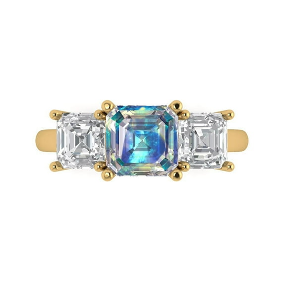4.0ct Square Emerald Cut Blue Moissanite 18k Yellow Gold Engraving Statement Bridal Wedding 3 stone Designer Ring Size 7