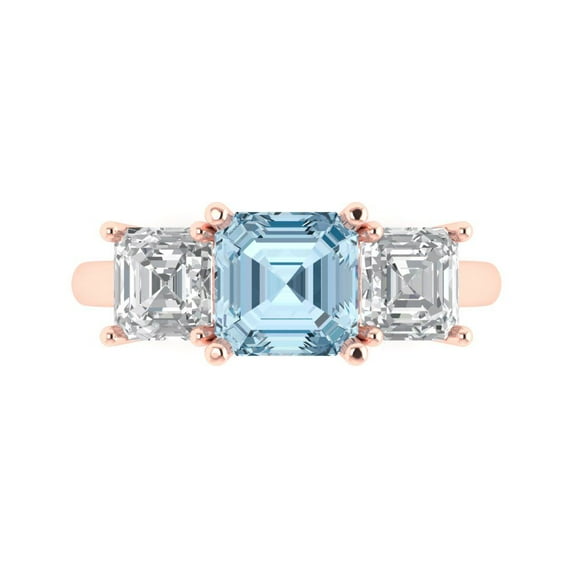 4.0ct Square Emerald Cut Blue Natural Aquamarine 18k Pink Rose Gold Engraving Statement Bridal Wedding 3 stone Designer Ring Size 9.5