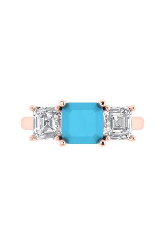 4.0ct Square Emerald Cut Blue Turquoise 14k Rose Gold Engraving Statement Bridal Wedding 3 stone Designer Ring Size 4.5