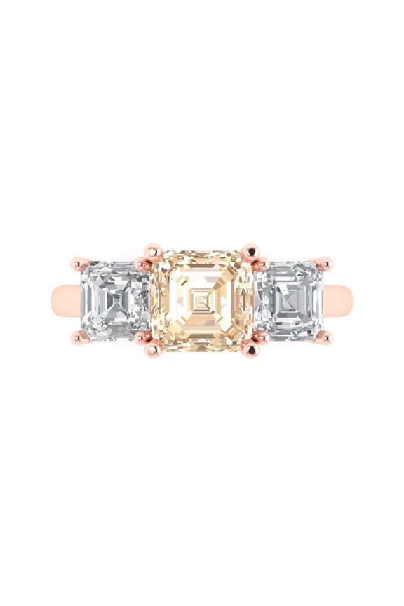 4.0ct Square Emerald Cut Brown Natural Morganite 14k Pink Rose Gold Engraving Statement Bridal Wedding 3 stone Designer Ring Size 9