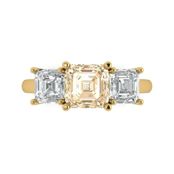 4.0ct Square Emerald Cut Brown Natural Morganite 14k Yellow Gold Engraving Statement Bridal Wedding 3 stone Designer Ring Size 7.5