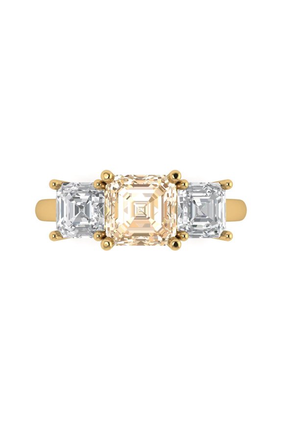 4.0ct Square Emerald Cut Brown Natural Morganite 14k Yellow Gold Engraving Statement Bridal Wedding 3 stone Designer Ring Size 7.5