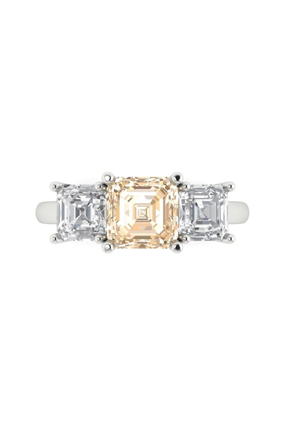4.0ct Square Emerald Cut Brown Natural Morganite 18k White Gold Engraving Statement Bridal Wedding 3 stone Designer Ring Size 10.5