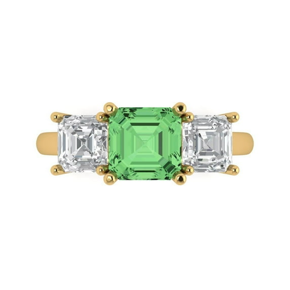 4.0ct Square Emerald Cut Green Crystal 18k Yellow Gold Engraving Statement Bridal Wedding Three-Stone Designer Ring Size 10