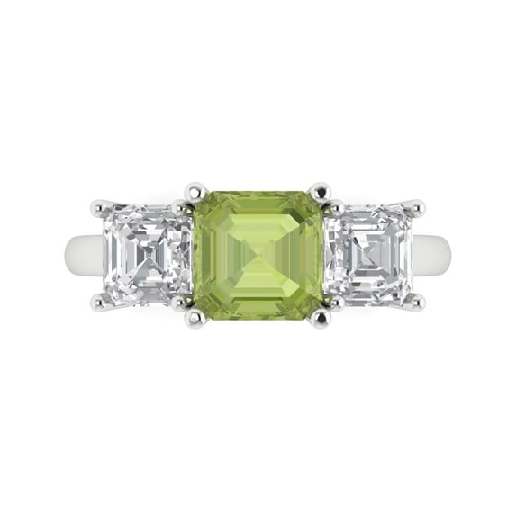 4.0ct Square Emerald Cut Green Natural Peridot 18k White Gold Engraving Statement Bridal Wedding Three-Stone Designer Ring Size 8.5