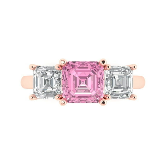 4.0ct Square Emerald Cut Pink Crystal 18k Pink Rose Gold Engraving Statement Bridal Wedding 3 stone Designer Ring Size 6
