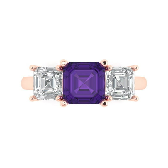 4.0ct Square Emerald Cut Purple Natural Amethyst 18k Pink Rose Gold Engraving Statement Bridal Wedding 3 stone Designer Ring Size 6
