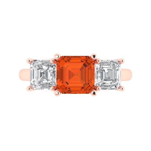 4.0ct Square Emerald Cut Red Crystal 18k Pink Rose Gold Engraving Statement Bridal Wedding Three-Stone Designer Ring Size 5