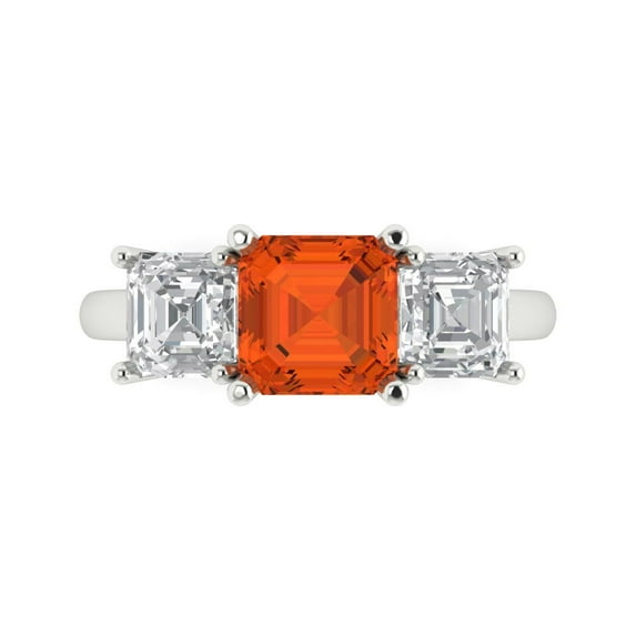 4.0ct Square Emerald Cut Red Crystal 18k White Gold Engraving Statement Bridal Wedding Three-Stone Designer Ring Size 6