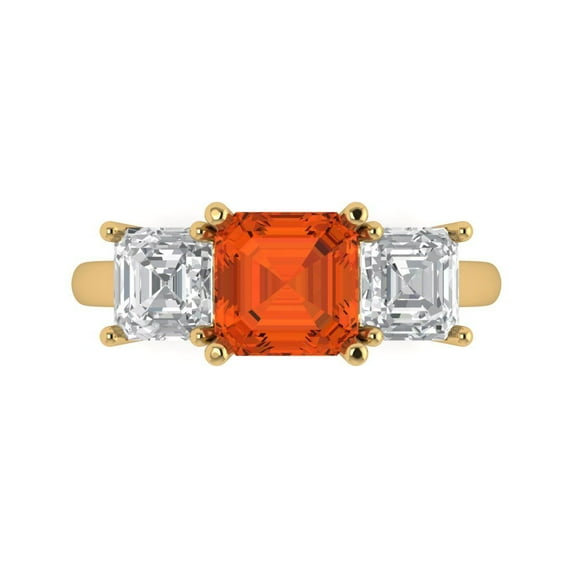 4.0ct Square Emerald Cut Red Crystal 18k Yellow Gold Engraving Statement Bridal Wedding Three-Stone Designer Ring Size 4