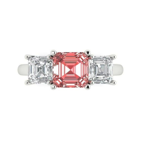 4.0ct Square Emerald Cut Red Natural Garnet 18k White Gold Engraving Statement Bridal Wedding Three-Stone Designer Ring Size 7.5