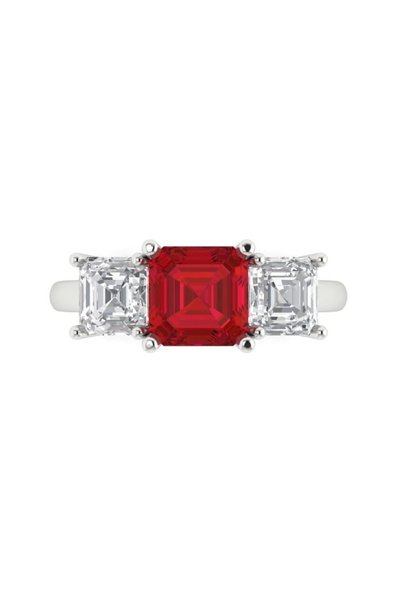4.0ct Square Emerald Cut Red Ruby 14k White Gold Engraving Statement Bridal Wedding Three-Stone Designer Ring Size 4