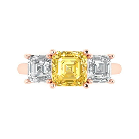 4.0ct Square Emerald Cut Yellow Crystal 18k Pink Rose Gold Engraving Statement Bridal Wedding 3 stone Designer Ring Size 9