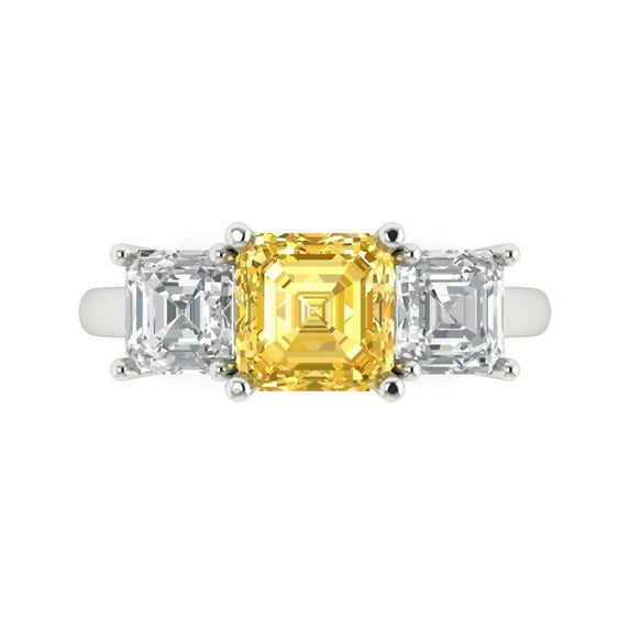 4.0ct Square Emerald Cut Yellow Natural Citrine 18k White Gold Engraving Statement Bridal Wedding Three-Stone Designer Ring Size 10