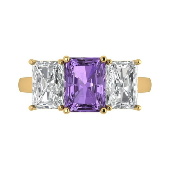 Clara Pucci 14K Yellow Gold Solid Gold Alexandrite Three-Stone Anniversary Ring for Women - 4 cttw Emerald Cut