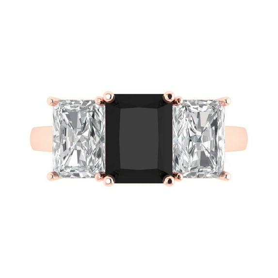 Clara Pucci 14K Rose Gold Solid Gold Onyx Three-Stone Anniversary Ring for Women - 4 cttw Emerald Cut