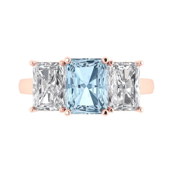 Clara Pucci 14K Rose Gold Solid Gold Blue Three-Stone Anniversary Ring for Women - 4 cttw Emerald Cut