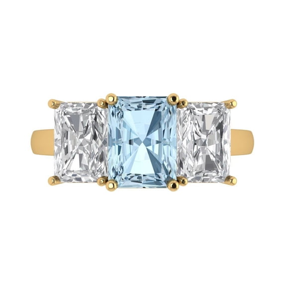 Clara Pucci 14K Yellow Gold Solid Gold Aquamarine Three-Stone Anniversary Ring for Women - 4 cttw Emerald Cut