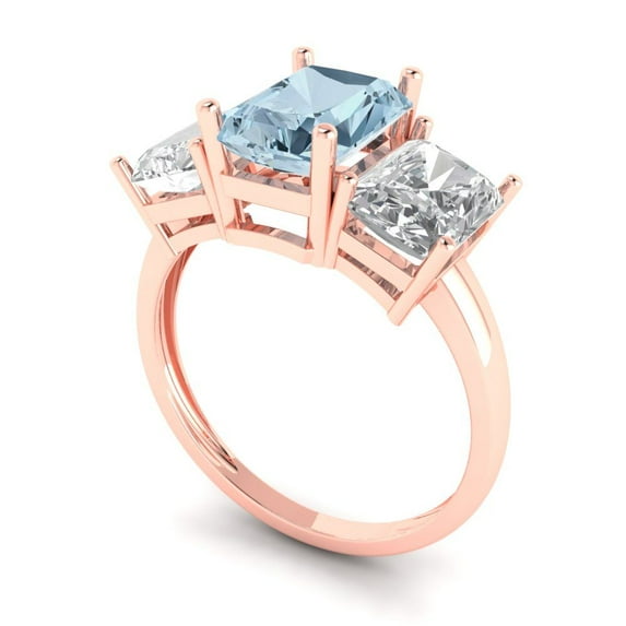 4.0ct emerald cut blue Zircon 14k rose gold 3 stone Bridal Wedding Engagement Promise Anniversary Ring for Women size 11