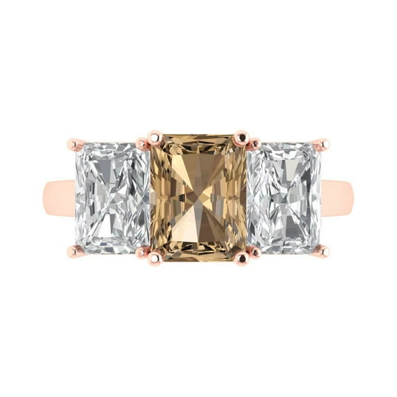 Clara Pucci 14K Rose Gold Solid Gold Champagne Three-Stone Anniversary Ring for Women - 4 cttw Emerald Cut