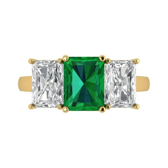 Clara Pucci 14K Yellow Gold Solid Gold Emerald Three-Stone Anniversary Ring for Women - 4 cttw Emerald Cut