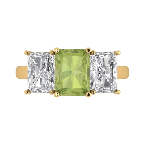 Clara Pucci 14K Yellow Gold Solid Gold Peridot Three-Stone Anniversary Ring for Women - 4 cttw Emerald Cut
