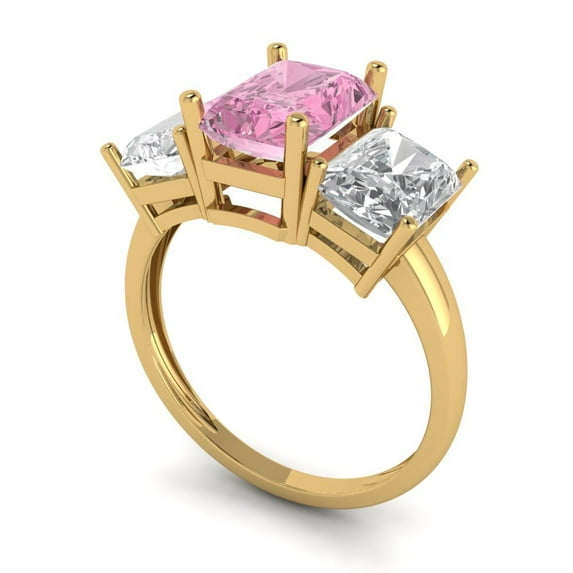 4.0ct emerald cut pink Zircon 18k yellow gold 3 stone Bridal Wedding Engagement Promise Anniversary Ring for Women size 5.25