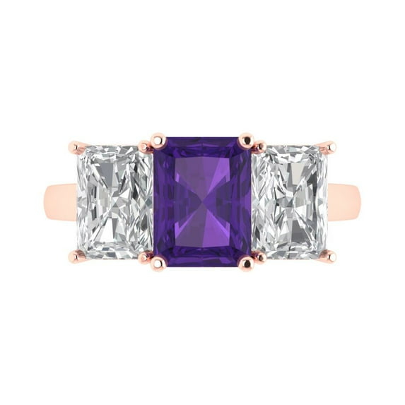 Clara Pucci 14K Rose Gold Solid Gold Amethyst Three-Stone Anniversary Ring for Women - 4 cttw Emerald Cut
