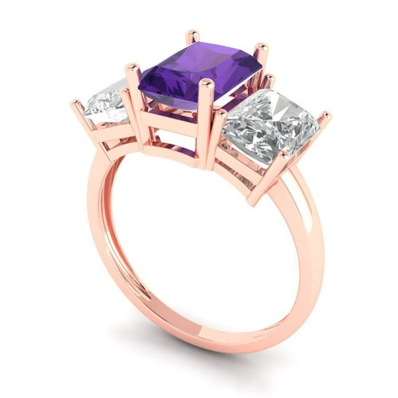 4.0ct emerald cut purple natural amethyst 14k rose gold 3 stone Bridal Wedding Engagement Promise Anniversary Ring for Women size 6.25