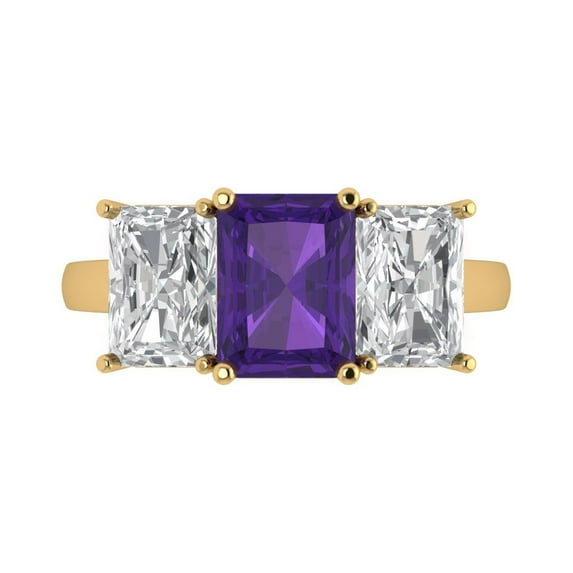 Clara Pucci 14K Yellow Gold Solid Gold Amethyst Three-Stone Anniversary Ring for Women - 4 cttw Emerald Cut